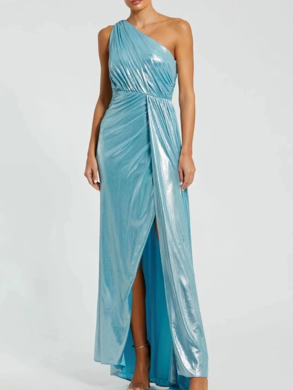Mac Duggal Ice Blue One Should Metallic Jersey Gown Dress
